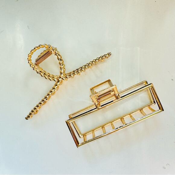 NEW ANTHROPOLOGIE Jumbo XL Rectangular Open Gold Metal Hair Claw Clip Set Duo 2 - Picture 4 of 11
